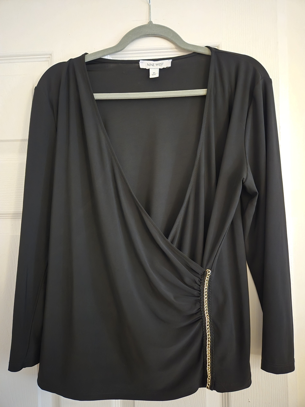 Nine West Black Draped Wrap Top with Gold Chain Detail